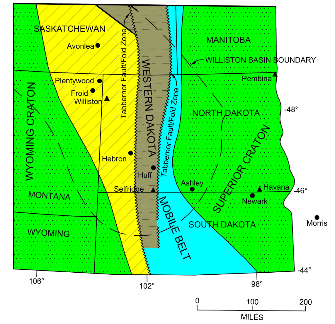 Main basement geologic structures in North Dakota